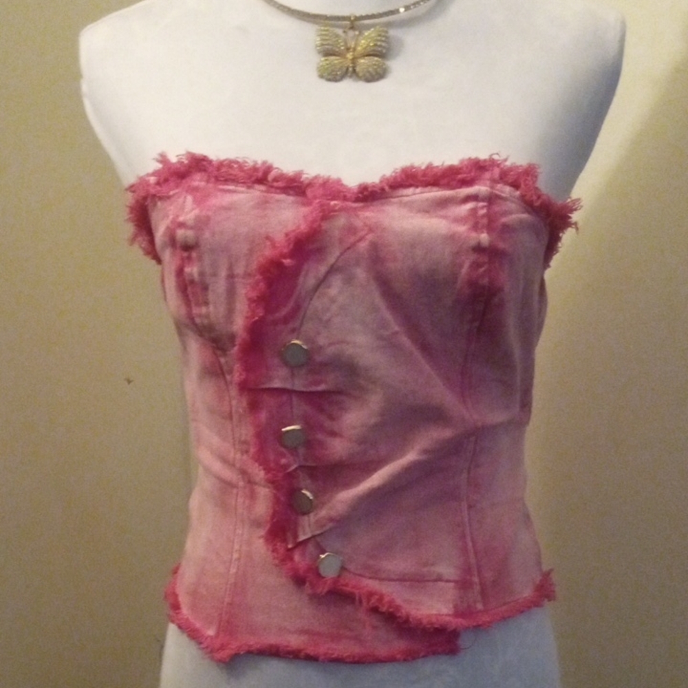 Chic Pink Denim Strapless Frayed Blouse